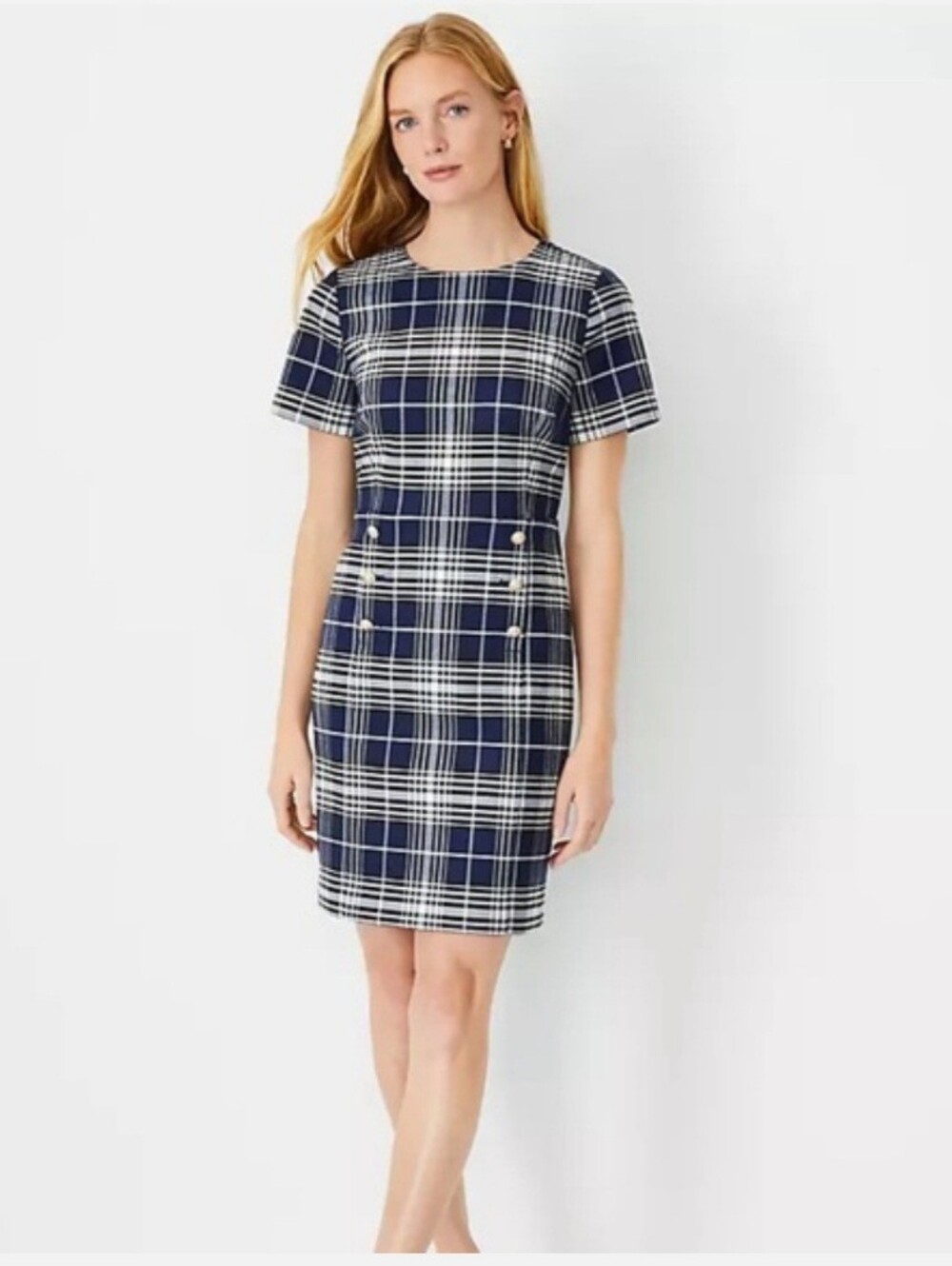 Ann Taylor Navy & White Plaid Short-Sleeve Shift Dress Size 10 NWT